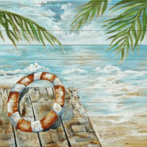 DesignQ Palm Beach Resort At Dawn Iii Nautical & Coastal Wood Wall Decor, Blue Wood Wall Art, Large Beach Wood Wall Panels Printed On Natural Pine Wood Art