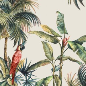 Framed Canvas Wall Art - Tropicano II (Parrot in Palm) by Eva Watts - Tropical Modern Decor