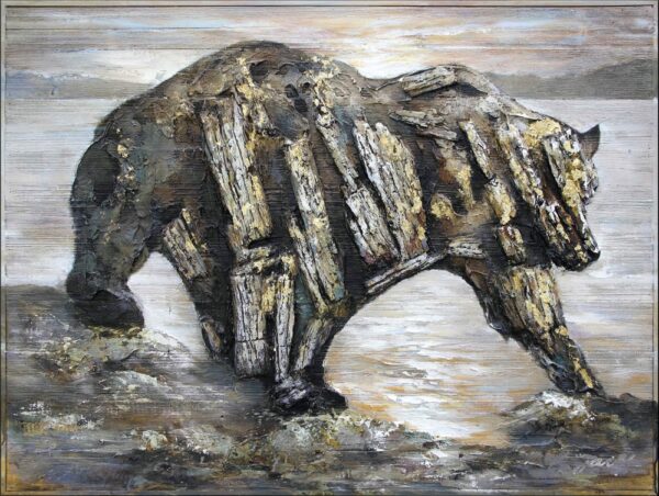 "Rustic Textured Wooden Bear Art - Handcrafted 3D Wood Wall Decor"